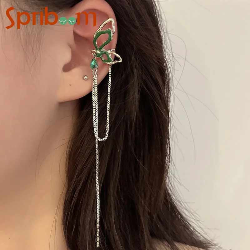 

Butterfly Tassel Ear Clip Long Chain Earrings for Women Asymmetric Clips Earring Retro Green Aesthetic Jewelry Accessories Gifts