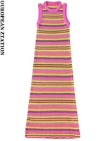 pailete women 2022 fashion striped fitted knit midi dress vintage o neck sleeveless female dresses vestidos mujer