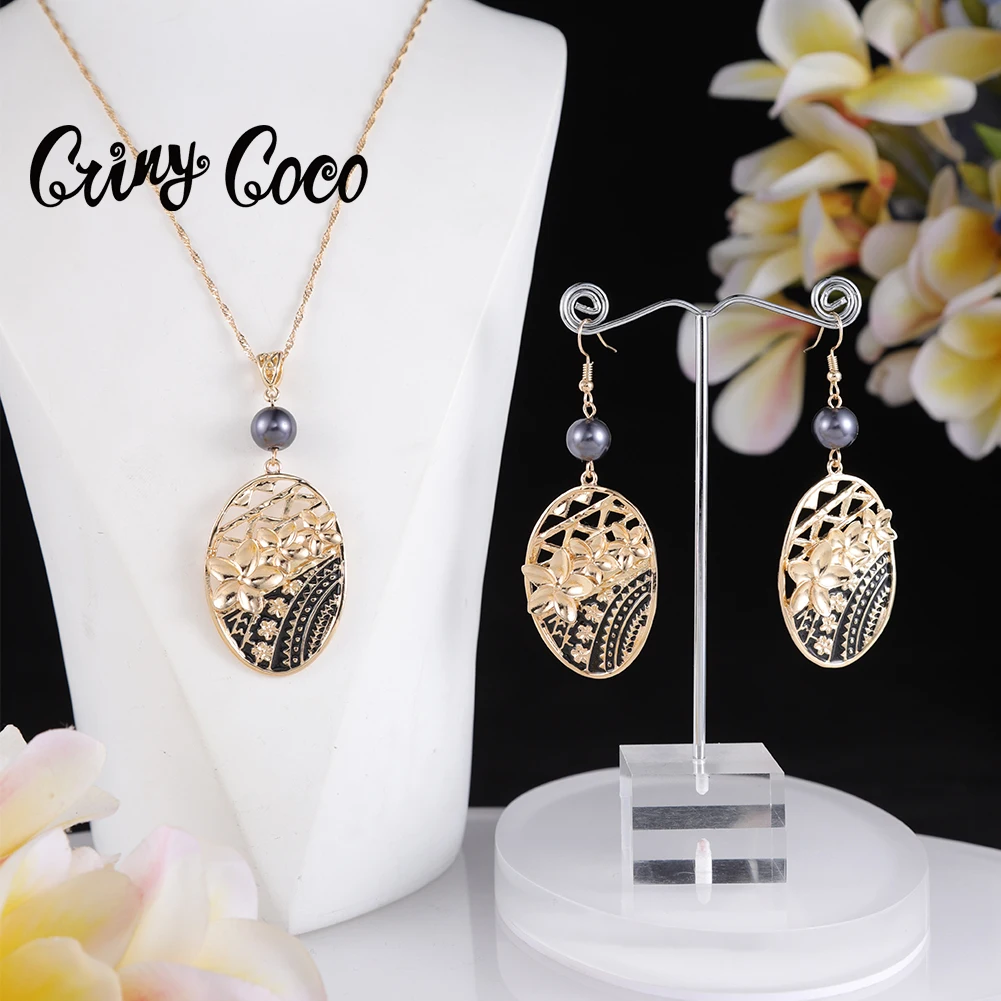 

Cring Coco Hawaiian Jewelry Sets Fashion Oval Pendant Pearl Polynesian Samoan Earrings Necklaces Set for Women Wedding Gift New