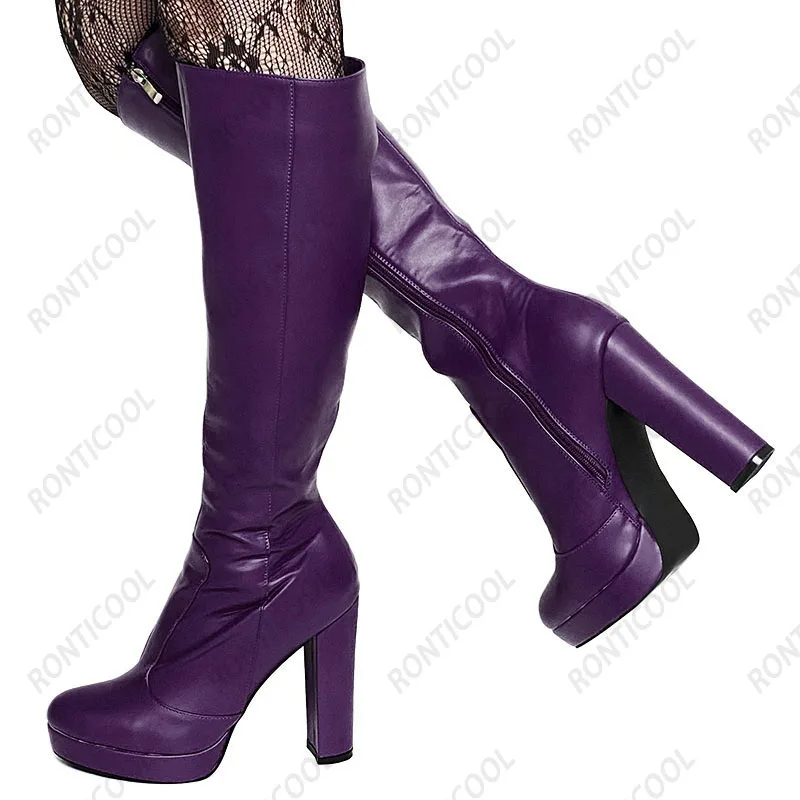Фото Rontic Handwork Женские зимние сапоги до колена на платформе с полной боковой молнией на массивном каблуке с круглым носком Красивые синие розовые туфли Размер США 5-20 №2