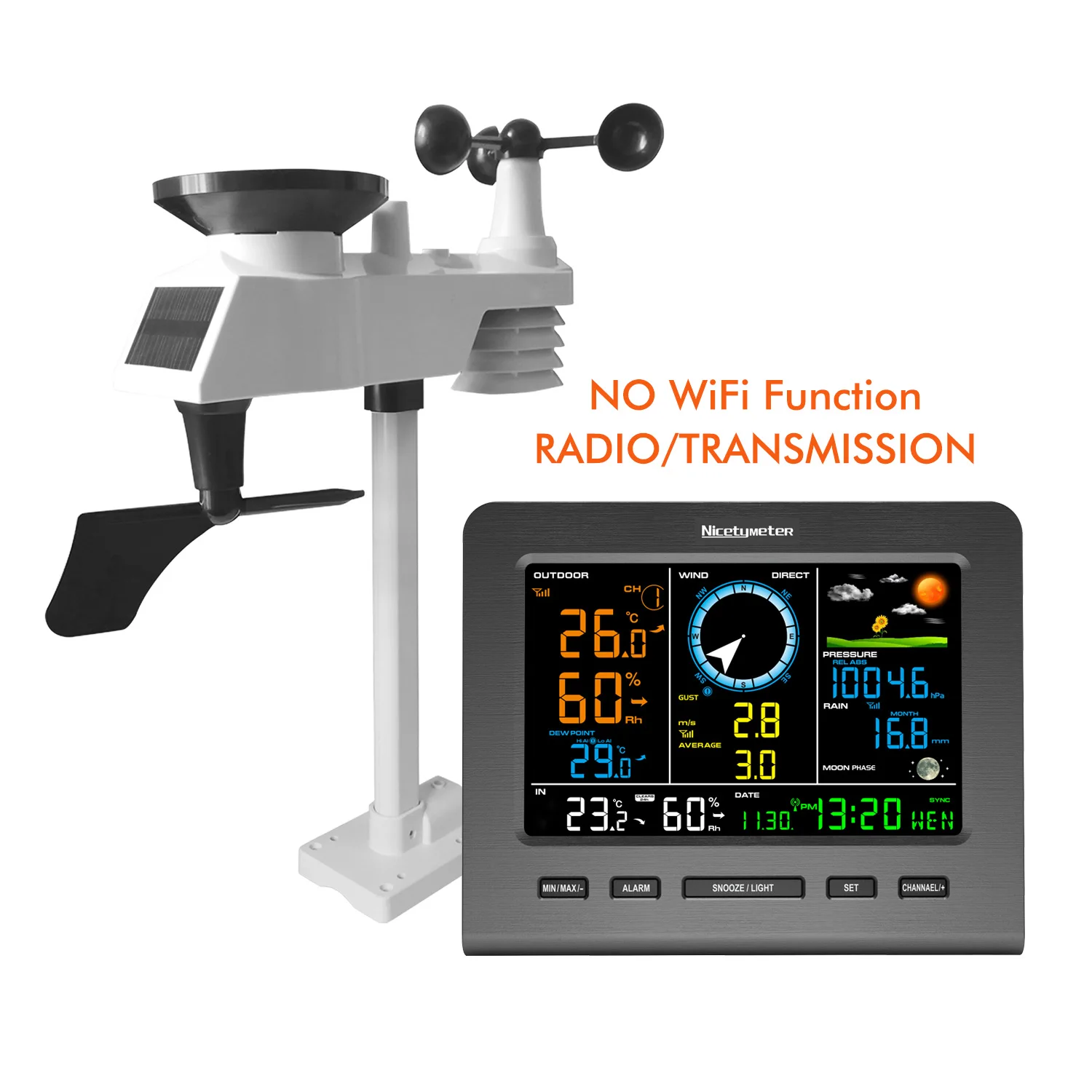 Weather Forecast Temperature Pressure Humidity Wind Gauge Rain Gauge Moon Phrase Alarm Clock