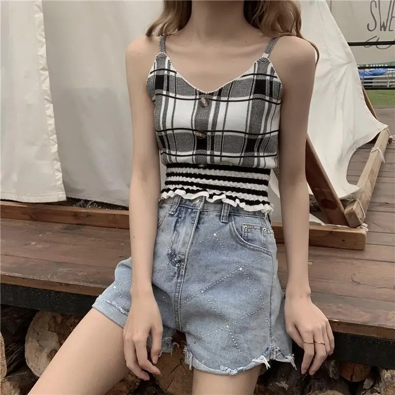 

Casual Tops Pearl Diary Women Summer Knitting Camisole Plaid Smocked Fit Top