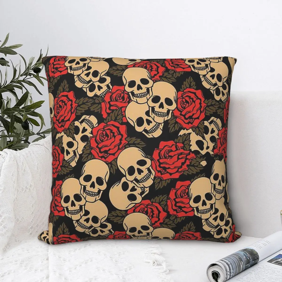 

Skulls And Roses Polyester Cushion Cover Skeleton Sofa Office Decorative Reusable Hug Pillowcase