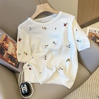 embroidered flower short sleeved sweater 2022 summer new cute youth looking niche ice silk t shirt white sweater
