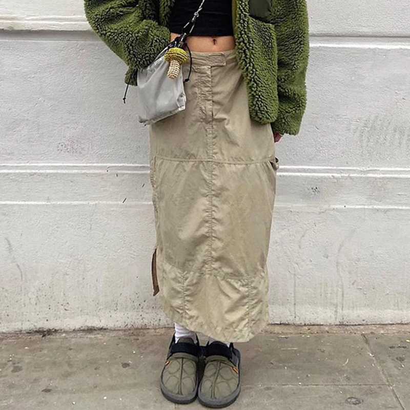 

Y2K Aesthetic High Waist Straight Midi Skirts Preppy Vintage Baggy Cargo Skirts Women Korean Harajuku Grunge Retro Streetwear
