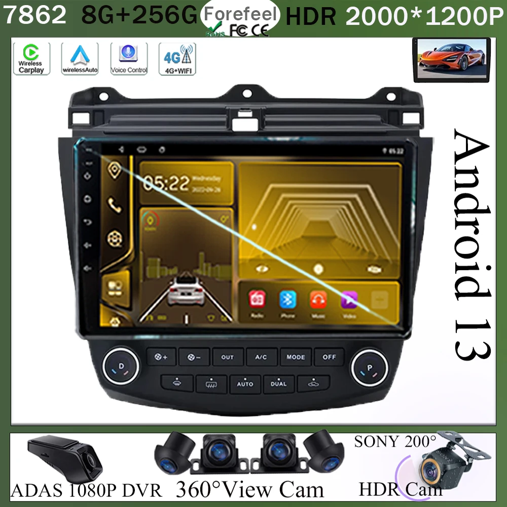 

10 Inch Car Android 13 For Honda Accord 7 2003-2007 Auto Stereo Head Unit Multimedia Player Touch QLED Screen WIFI DVD DSP IPS