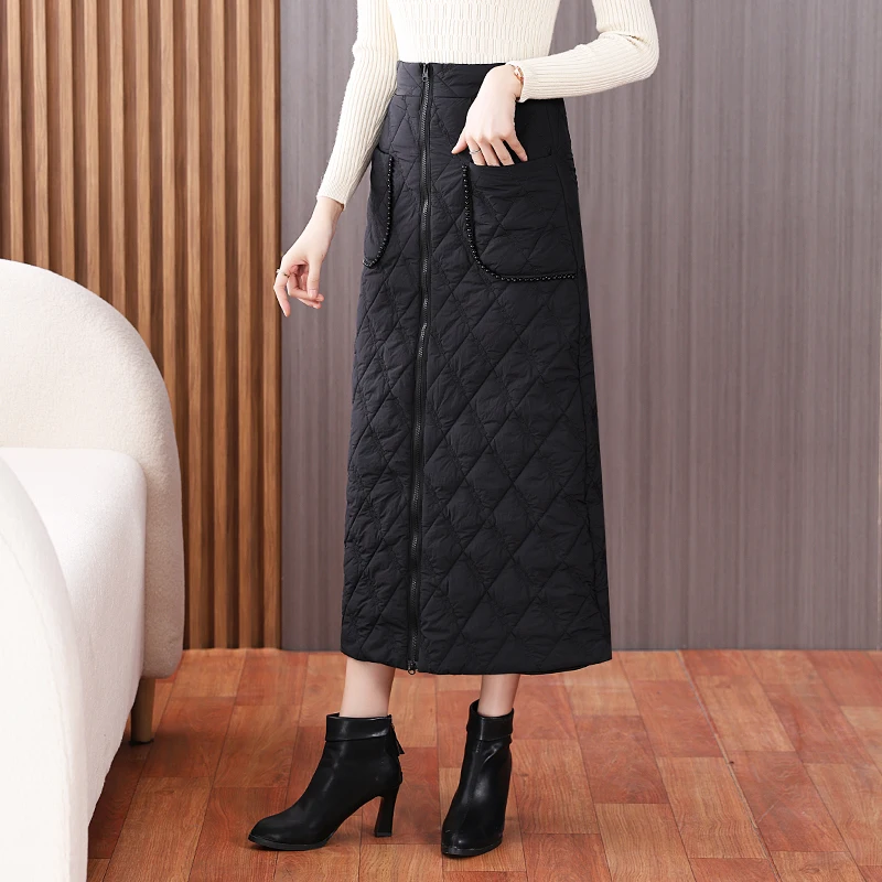 

Женская длинная юбка на молнии Y2K, однотонная черная утепленная юбка с наполнителем и карманами, модель 1285 в Корейском стиле на зиму