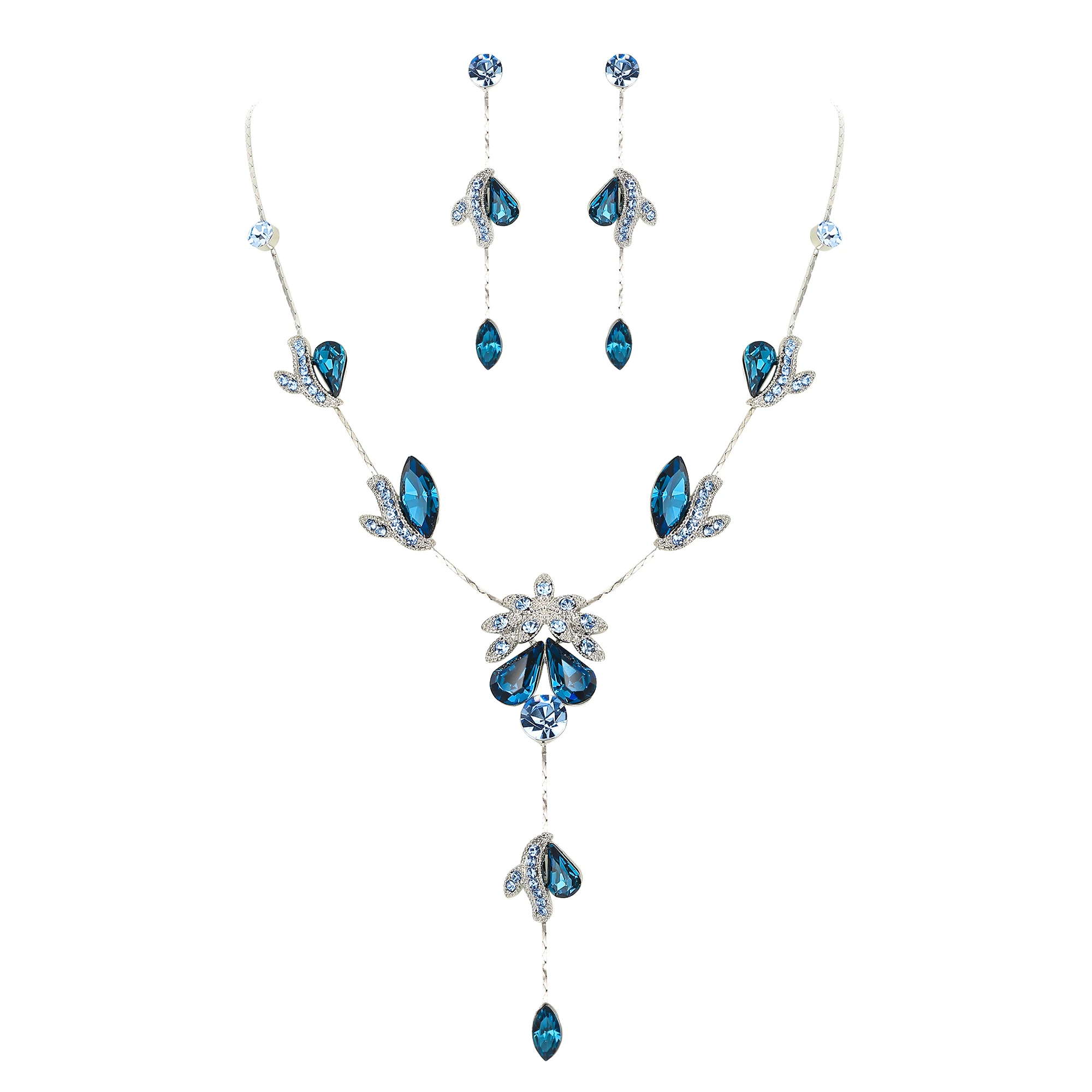 

Luxury Necklace Earrings Set for Women Blue Teardrop Crystal Gorgeous Jewelry Set Wedding Bridal Accessories Long Pendant Choker