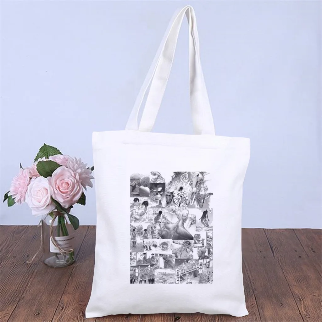 

Manga CollageHandbag Attack On Titan Shoulder Canvas Bags Girls Boys Storage Pocket Double Print Travel Shopper HandBag Tote Bag