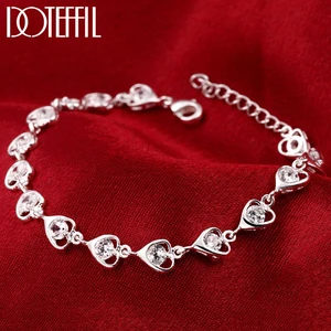 DOTEFFIL 925 Sterling Silver AAA Zircon Heart Chain Bracelet For Women Wedding Party Simple Fashion Girl Lady Christmas Jewelry