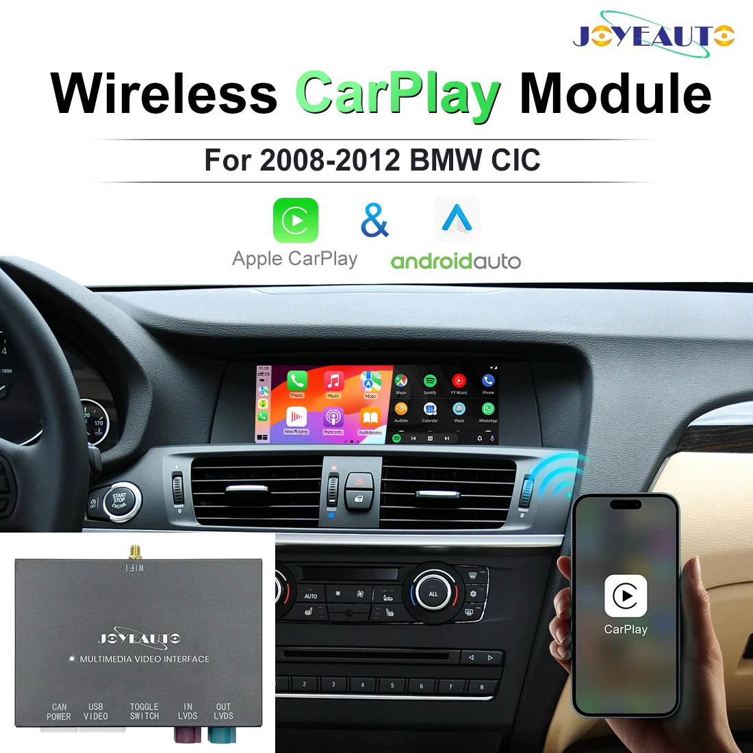 

Беспроводной Apple CarPlay JoyeAuto для BMW 2009-2012 CIC 1 3 5 6 7 серии E81 F60 E90 F70, Android, автоматическое зеркало, модернизация AirPlay