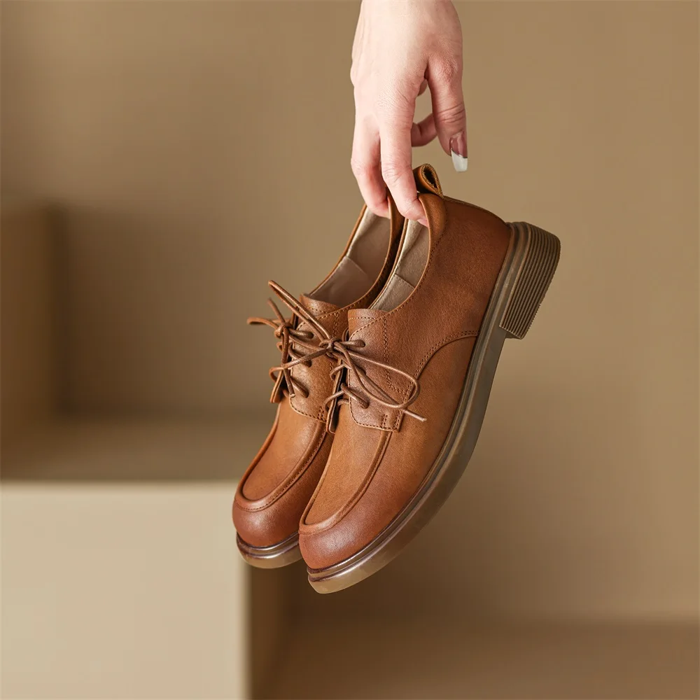 Kanseet Real Leather Shoes For Women 2023 Spring New Round Toe Lace-Up Causal Loafers Handmade Flats Lady Footwear Size 40 Brown