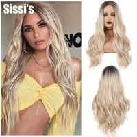 sissis long body wave wigs ombre black brown blonde synthetic wig cosplay middle part natural heat resistant wig for women