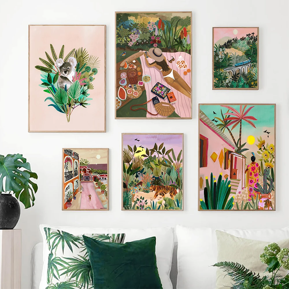 

Vintage Woman Landscape Travel Poster Print Picnic Sexy Girl Zoo Plant Raccoon Sunset Canvas Painting Living Bed Room Home Decor