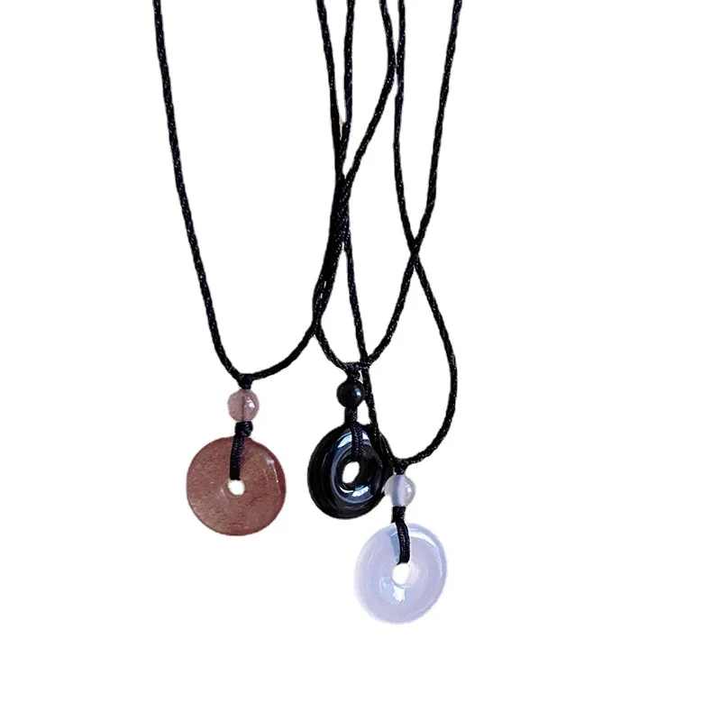 Регулируемое Ожерелье Из Черной Веревки с Агатовой безопасной кнопкой