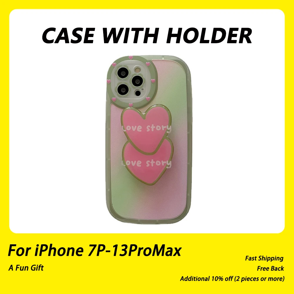 

Cute Korean Fashion Pink Heart Stand Phone Case For iPhone 13 12 11 Pro Max XR X XS 7 8 Plus Clear Soft Anti-drop Back Cover