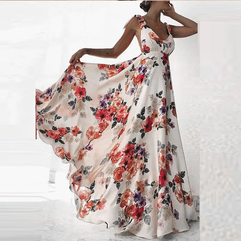 

2022 Fashion Summer Women Boho Long Maxi Dress Backless Sleeveless V Neck Flower Dress Evening Party Beach Dresses Sundress
