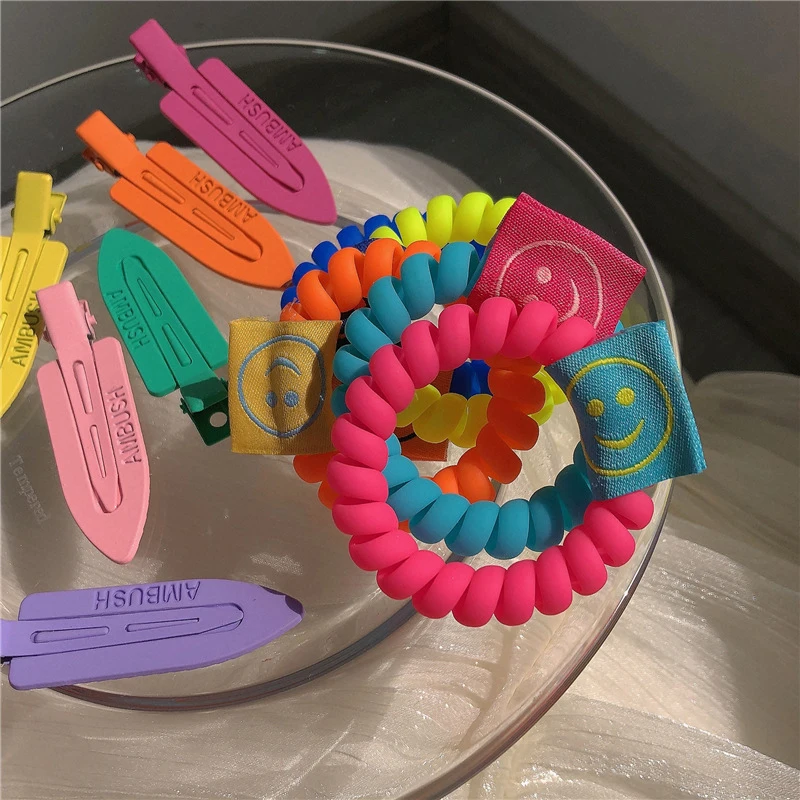 

New Ins Candy Color Hair Ring Telephone Wire Rubber Bands Stretchy Colors Spiral Coil Smiley Ropes For Women Girls Accessories