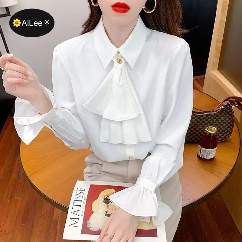 

Женская шифоновая блузка с длинным Расклешенным рукавом и бантом на шее