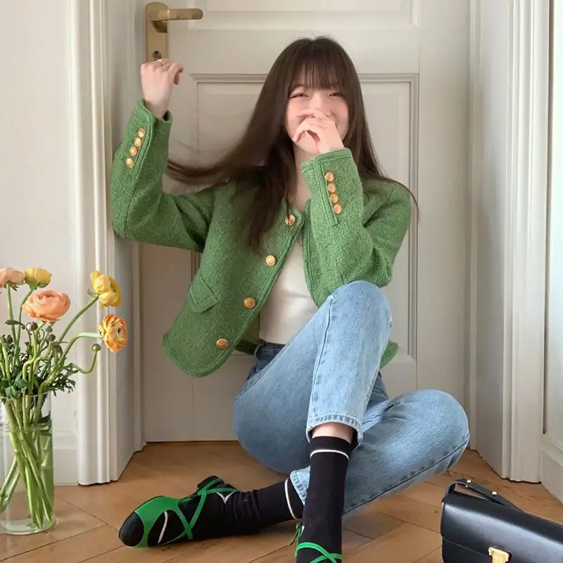 

2023 New Women Green Jacket Fashion With Pockets Spring Jackets Coat Vintage Long Sleeve Casual New In Outerwears Chic Tops