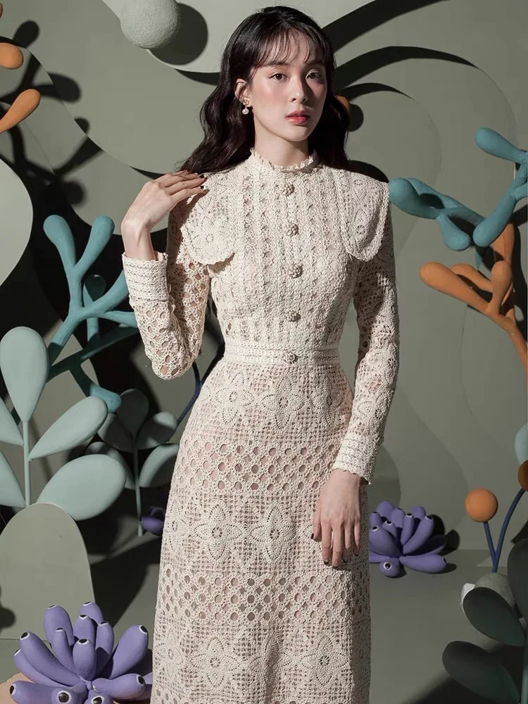 DEAT Элегантное платье с вышивкой кружево ажурные цветы жемчуг пуговицы тонкие