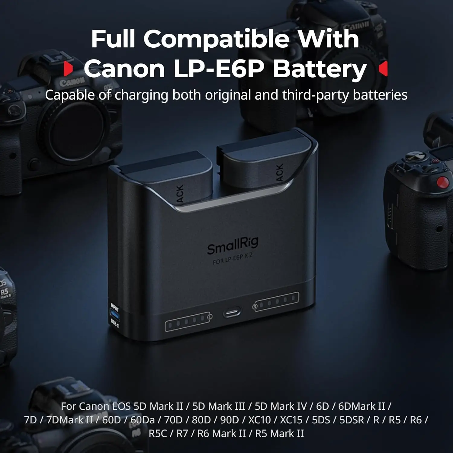 Фото Зарядное устройство SmallRig LP-E6P LP-E6NH LP-E6N LP-E6 с двумя слотами для аккумуляторов Canon EOS R6 Mark III R5 Mark II R7 5D Mark II (2 часа зарядки) №3