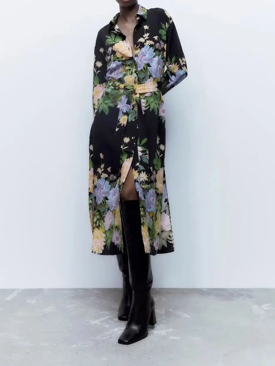 

Summer Women's Black Floral Print Lapel Single-Breasted Long-Sleeved Long Dress Fashion Senior Vintage Style