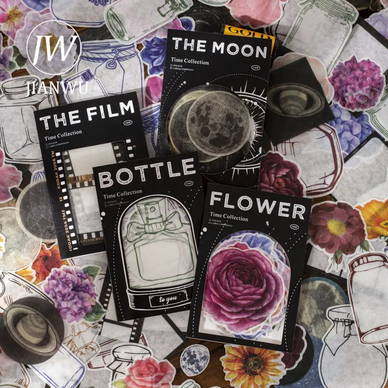 

JIANWU 100 Sheets Time Collection Series Flower Washi Paper Bottle Film Moon Stickers Creative DIY Collage Decor Stationary