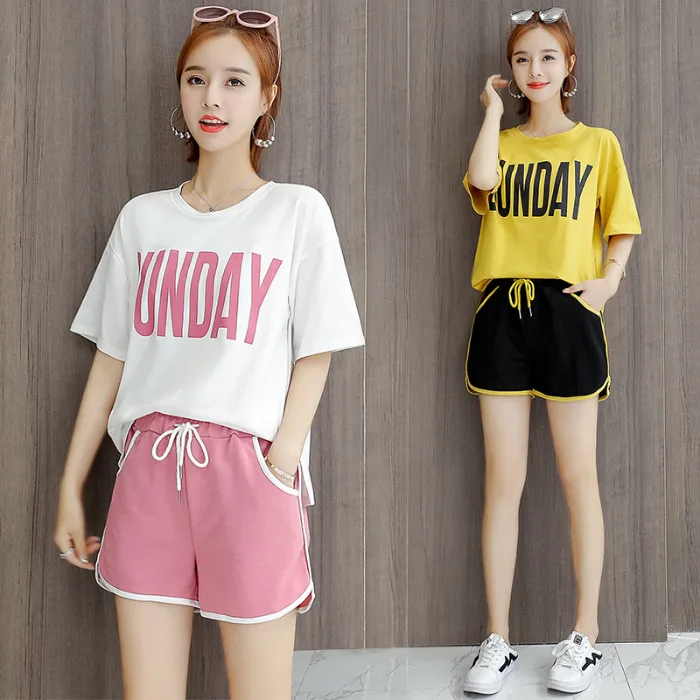 Girls Casual Pajama Set Korea Style Fashion SUNDAY Print Top Panty  Sport Sweet Short Sleeve Women's T-shirt & Drawstring Shorts
