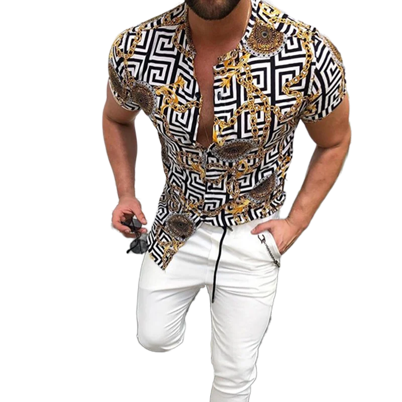 

Man Mens Nation 2023 Ethnic Style Shirt Summer Printed Stand Collar Stripe Short Sleeve Loose Hawaiian Henley Casual Ok01