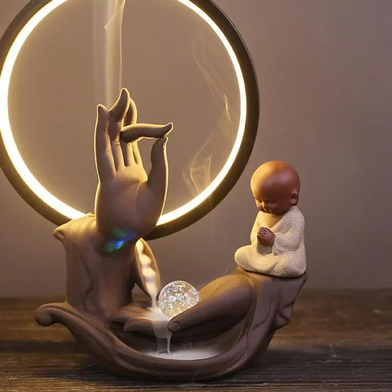 

Incense Burner With Led Ceramics Backflow Smoke Waterfall Buddha Censer Landscape Decoration Sticks Holder Home Indoor Decor