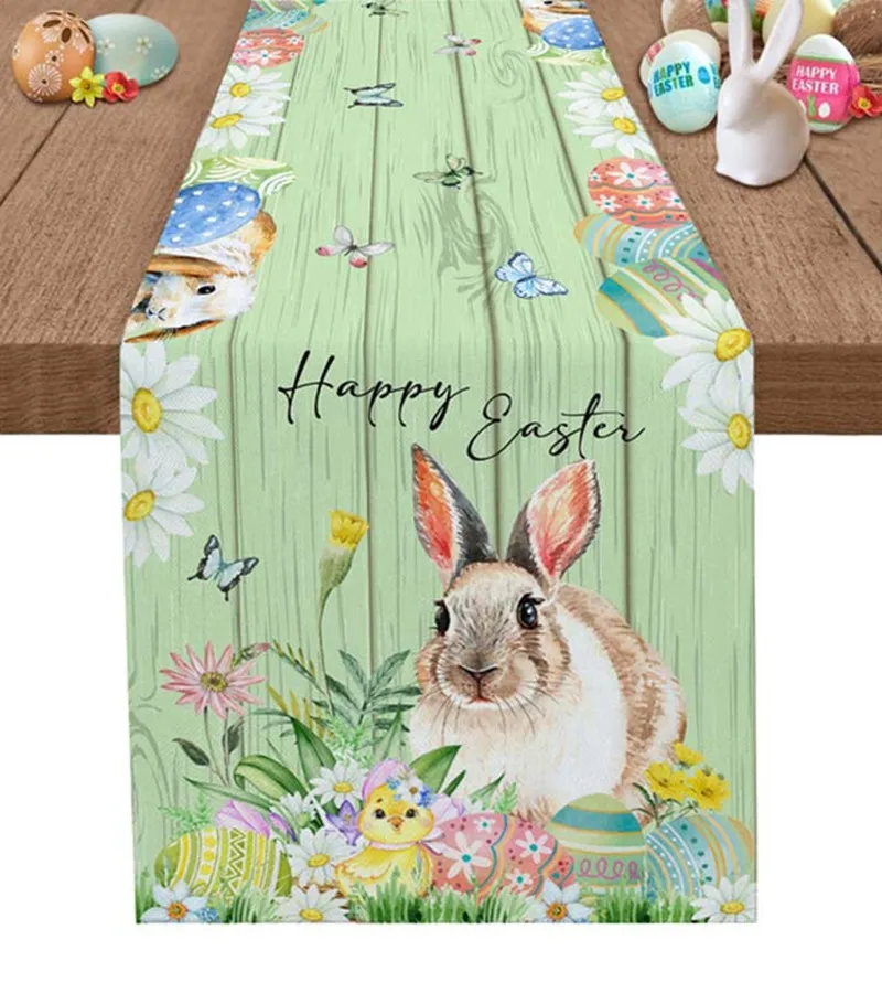 

Linen Wood Texture Bunny Happy Easter Table Runner Spring Summer Seasonal Holiday Table Decoration For Easter Party Dinner Decor