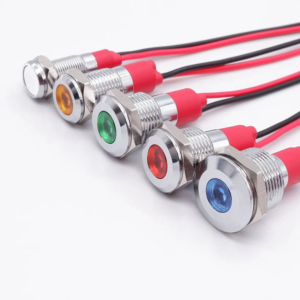 

6mm 8mm 10mm 12mm Metal LED Warning Indicator Light Signal Lamp Pilot Wire 3V 5V 12V 24V 110V 220V Red Orange Green Blue White