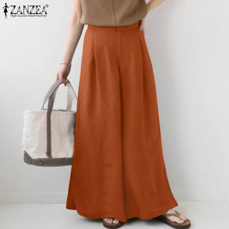 

Spring Trousers ZANZEA Women Elastic Waist Cotton Long Pants Wide Legs Pants Casual Loose Elegant OL Work Solid Flare Pantalon