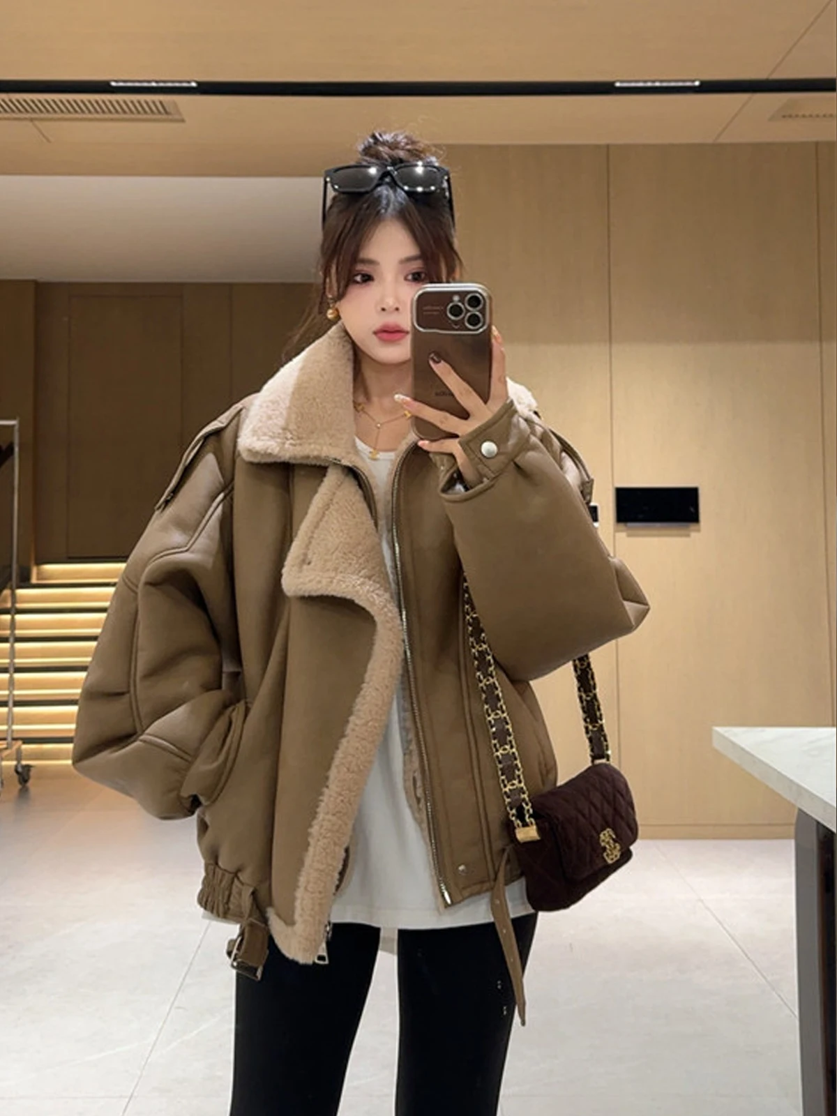 Серая замша берберская флисовая меховая интегрированная верхняя одежда женская