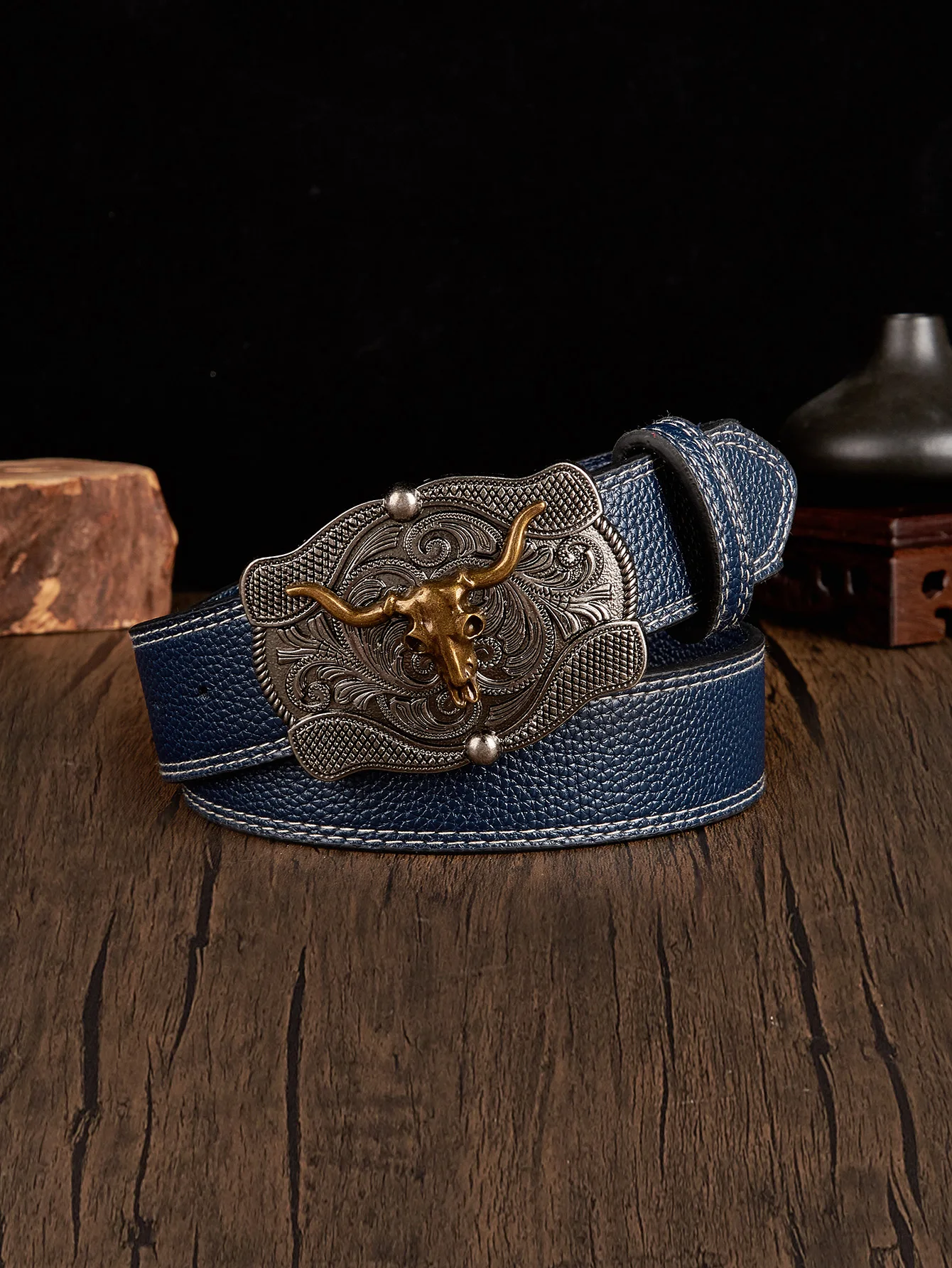 Винтажный Мужской Кожаный Ремень Grey Bull С Цветочным Тиснением И Текстурой