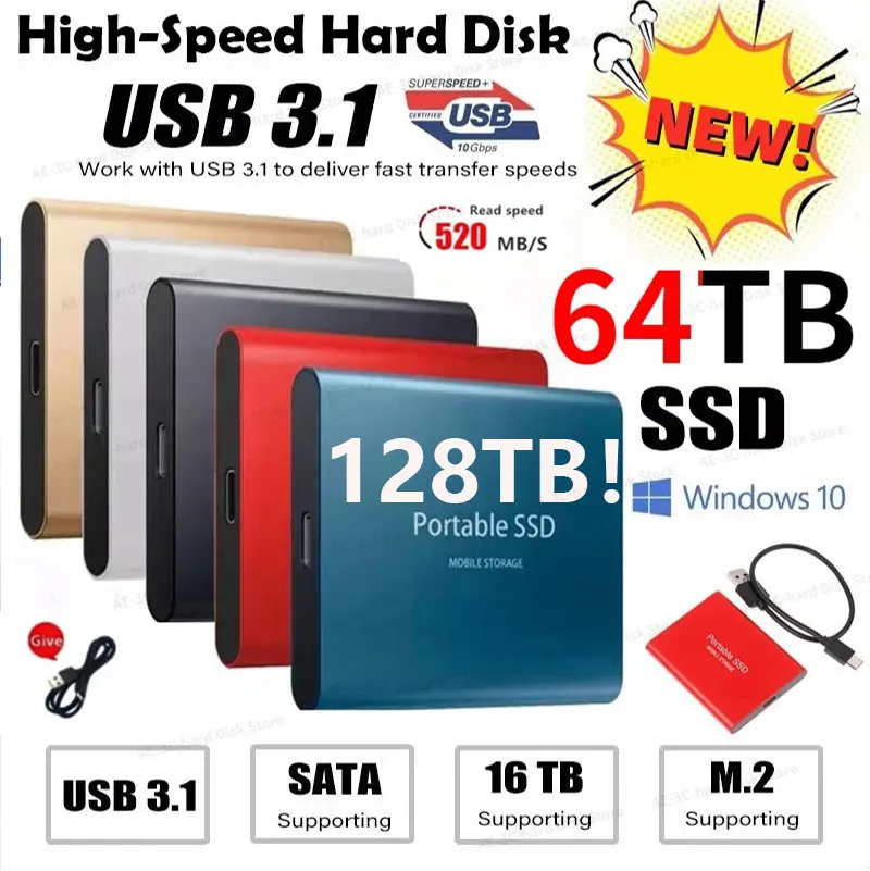 

Высокоскоростной портативный SSD-накопитель 128 ТБ 64 ТБ M.2 4 ТБ 8 ТБ внешний твердотельный накопитель Type-C USB 500 Гб мобильный жесткий диск для ноутбуков PS4