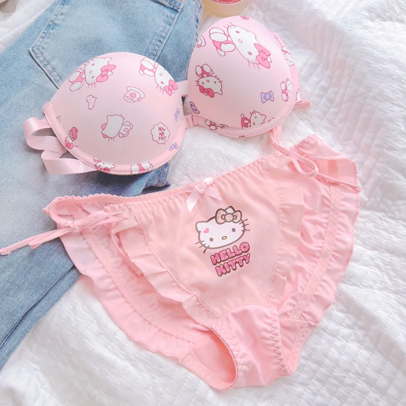 

Sanrio Anime Hello Kitty Underwear Bra Suit Kawaii Cartoon Strapless Non-slip Microthorax Push-up Lovely Sweet Bra Sexy Lingerie
