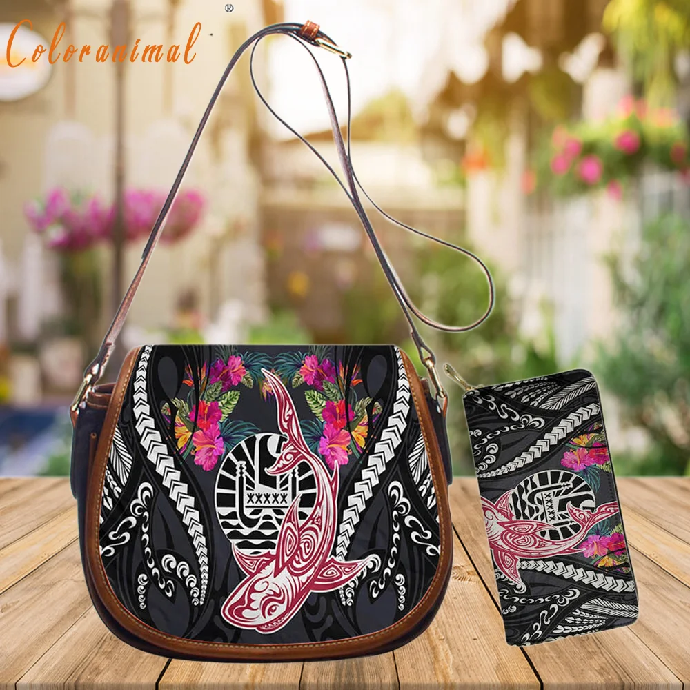 Coloranimal 2023 Hot Sale 2Pcs Shoulder Bag&Wallet Pretty Tahiti Flag Polynesian Sea Fish and Flower Print Crossbody Bag Bolsa
