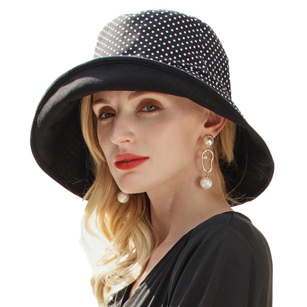 

FS Black UV Protection Curling Polka Dot Sun Hats For Women Cotton Foldable Bucket Visor Hat Wide Brim Large Floppy Ladies Caps