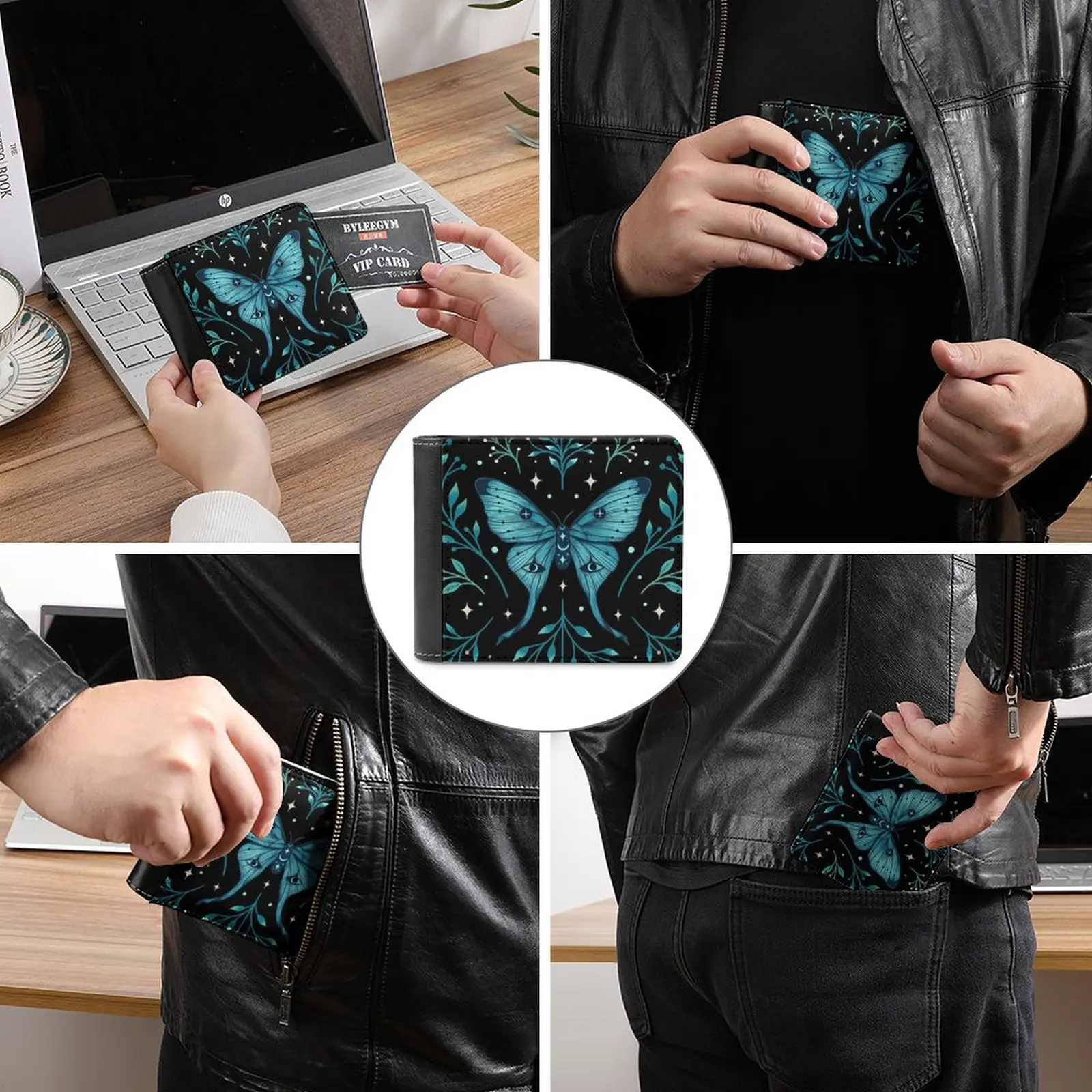 Фото Mystical Moon Moth Бирюзовые деловые мужские кошельки Маленькие кошельки для денег Новый дизайн Долларовая цена Верхний кошелек Luna Moth Magical Wicca №3