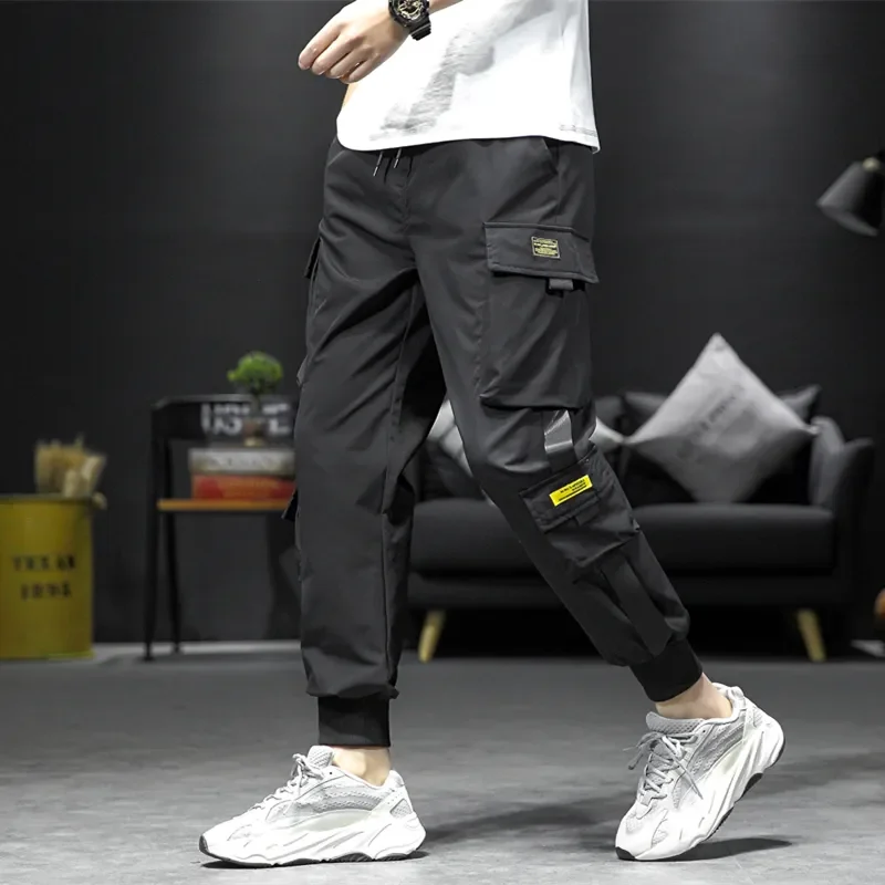 

Брюки-султанки мужские с эластичным поясом, повседневные облегающие штаны с лентами, Джоггеры в стиле хип-хоп, черные