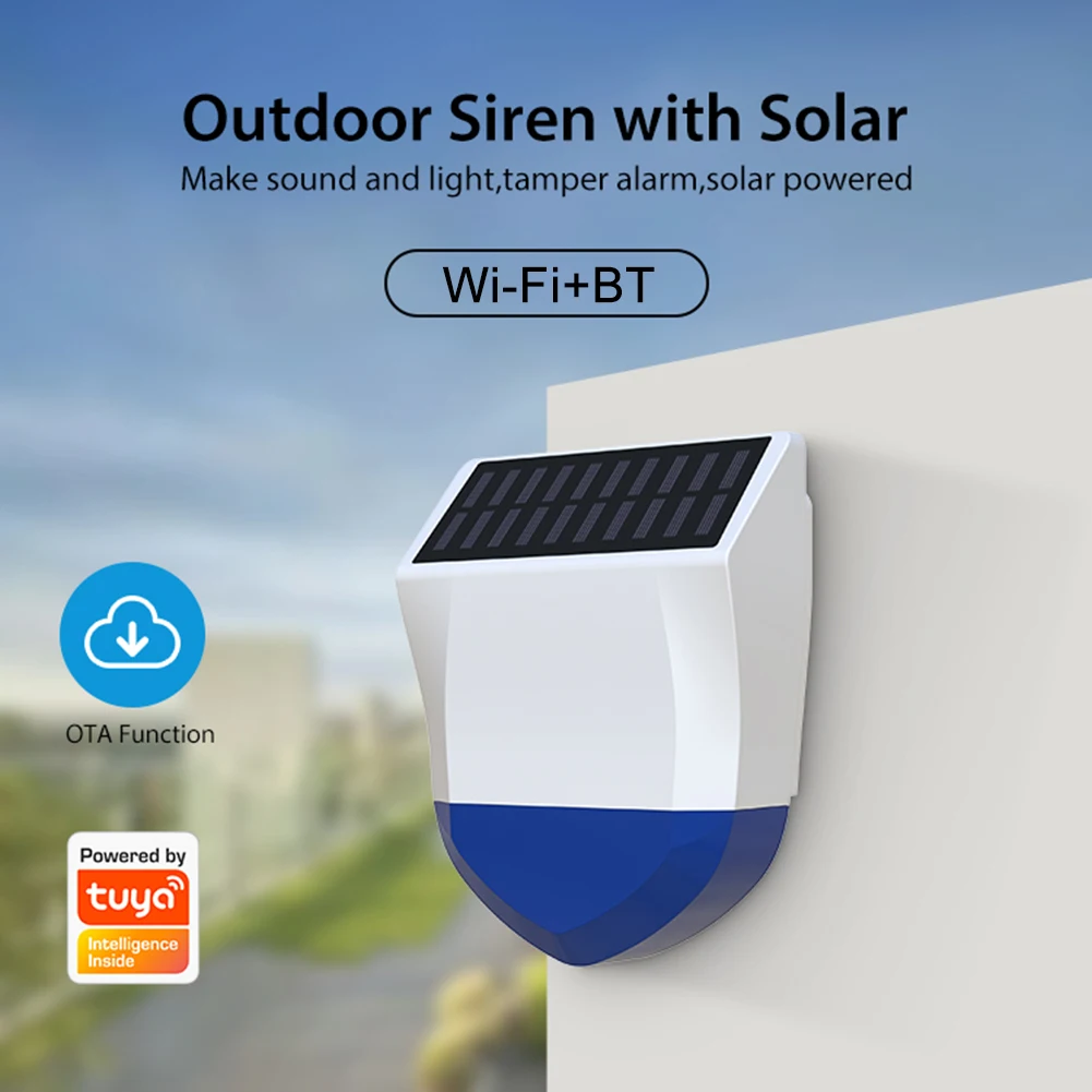 

WiFi Outdoor Solar Alarm IPX5 Waterproof Outdoor WiFi Solar Siren Home Security Alarm System Bluetooth-compatible
