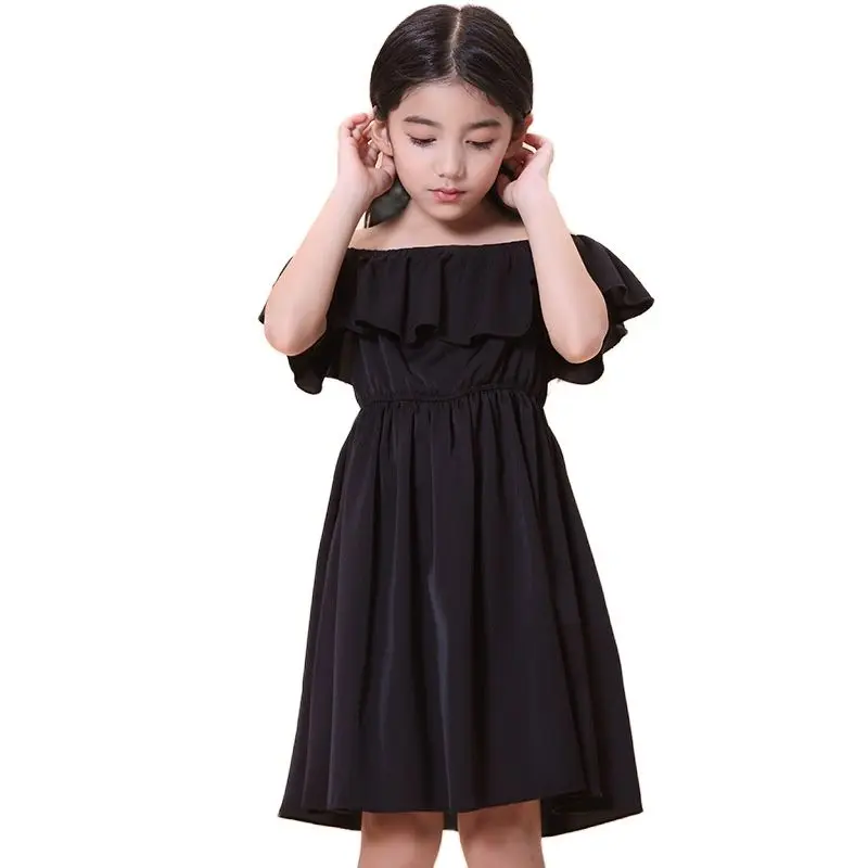 

Teenage Girls Ruffles Chiffon Dresses Princess Black Toddler Kids Solid Shoulderless Beachwear Sundress Children Summer Clothing