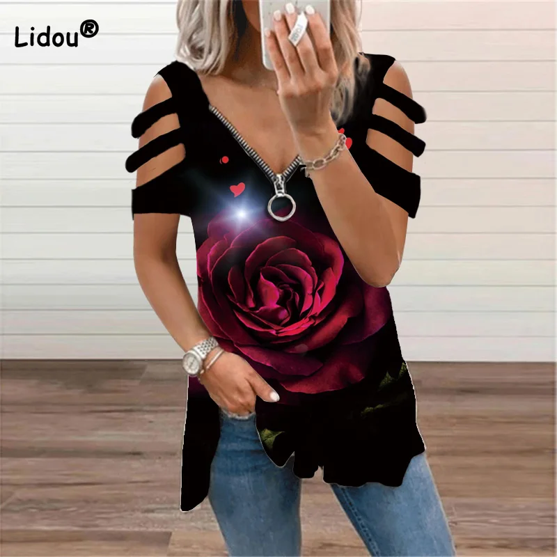 Купи Clothes for Women Summer Sexy Floral Printing V-Neck Zipper Hollow Out Fashion Top Loose Short Sleeve Oversized T-shirt Female за 978 рублей в магазине AliExpress