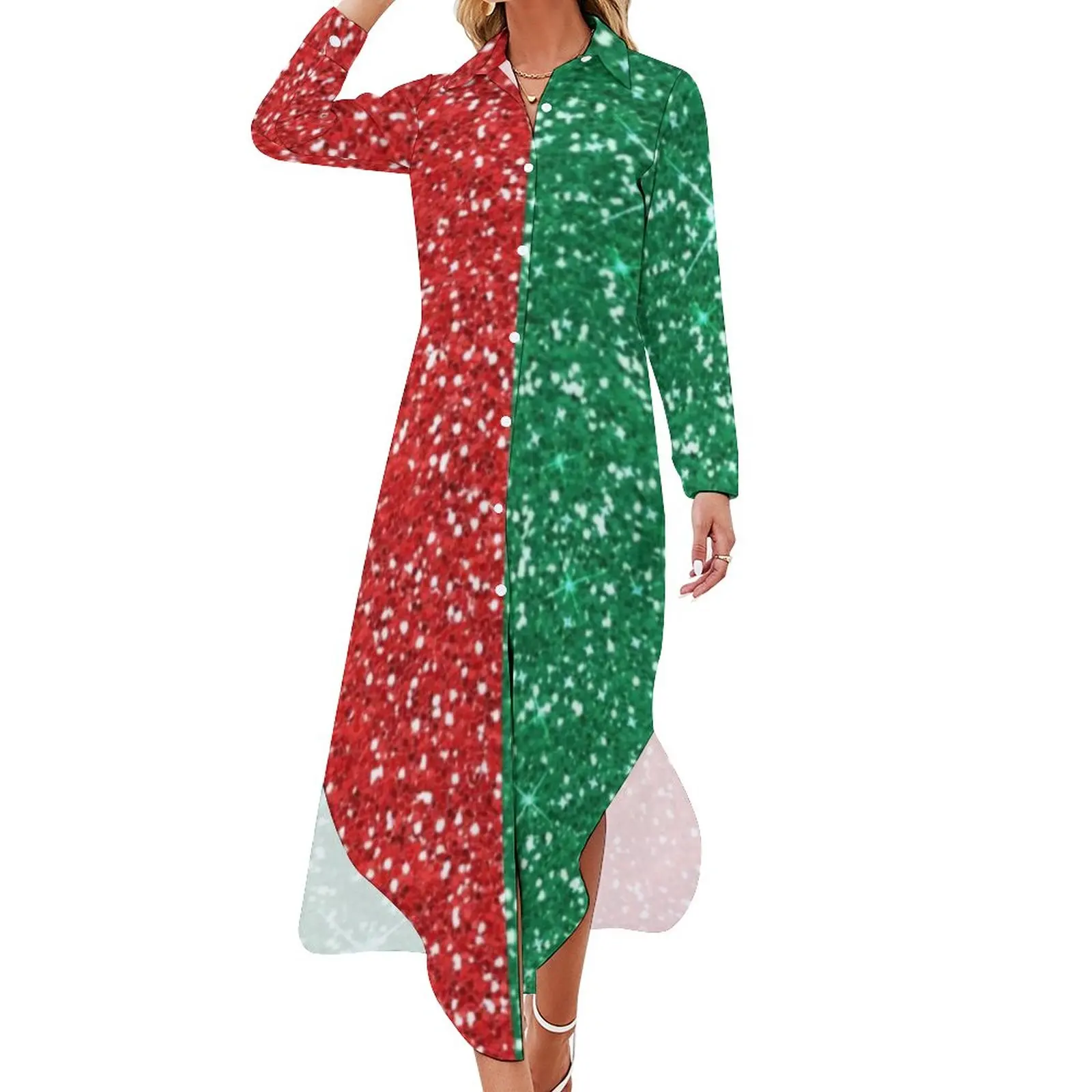 

Блестящее двухцветное Повседневное платье, красные, зеленые блестящие корейские модные платья, элегантное женское шифоновое платье оверса...