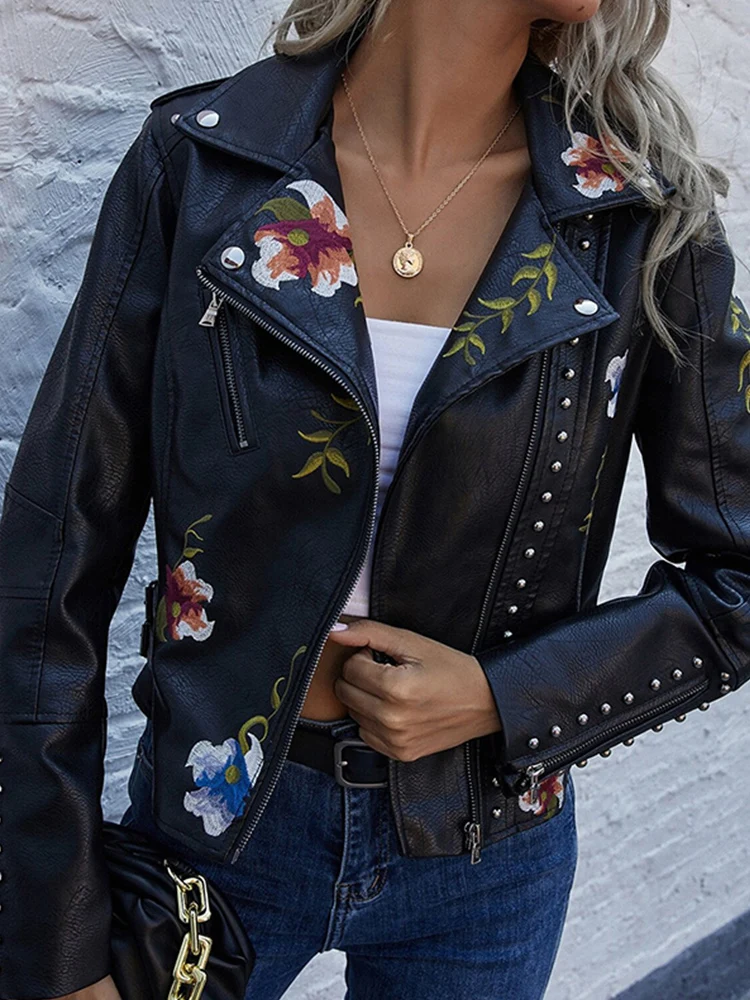 Black Pu Leather Jacket Women Vintage Floral Print Short Coat Female Autumn Casual Long Sleeve Rivet Zipper Moto Biker Jackets