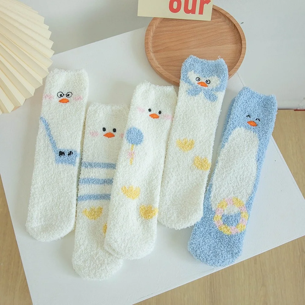 5 Pairs New Winter Cute Duck Warm Coral Fleece Socks Plus Velvet Thickened Cotton Women Socks At Home Soft Sleep Floor Socks