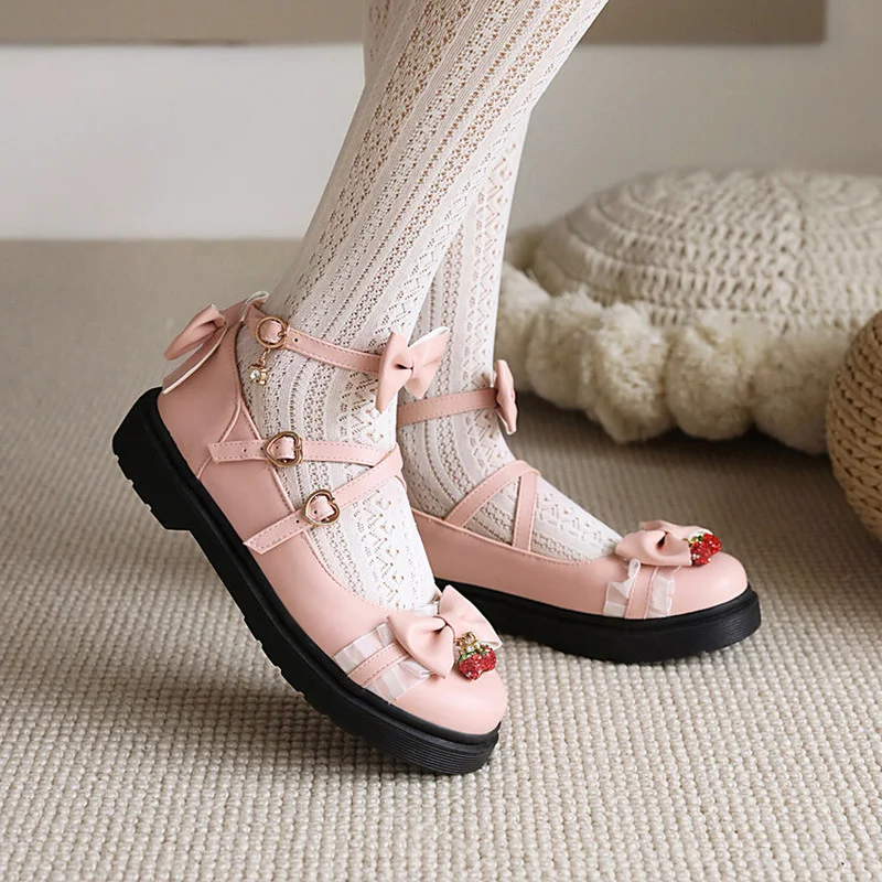 

2022 New Sweet Bow Buckle Strap Mary Jane Shoes Woman Solid Color Patchwork Lace Low Heel Pumps Women Pink Lolita Shoes Ladies