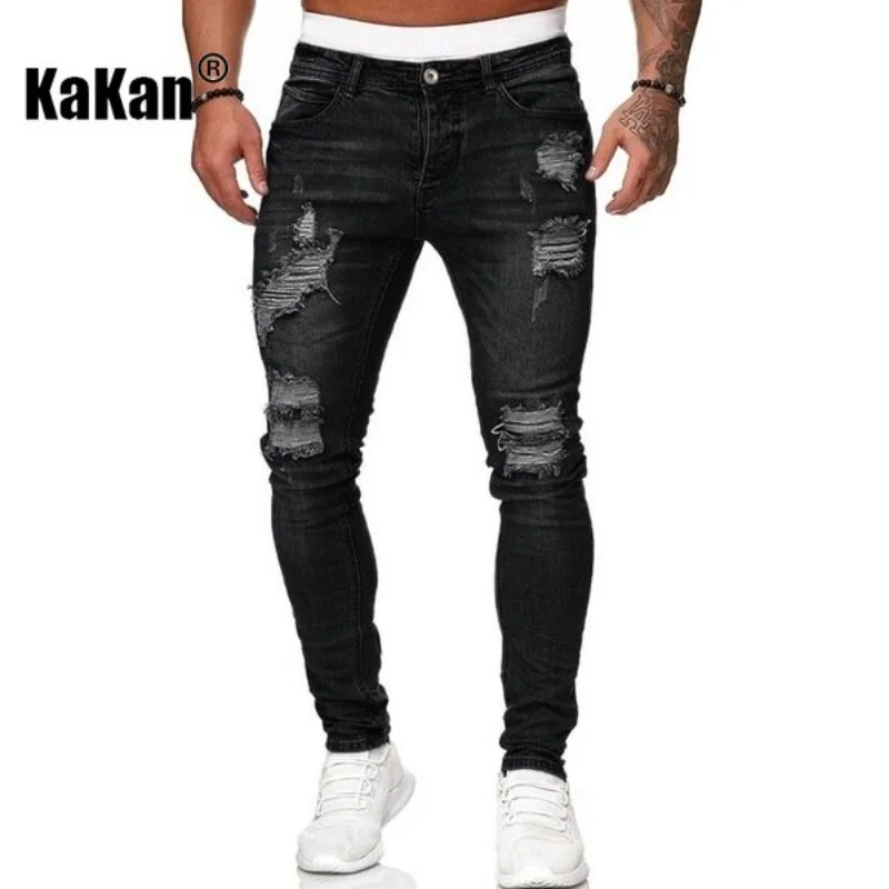 Kakan - High Quality Men's Stretch Tight-fitting, Worn-out White Slim Jeans, Spring and Autumn New Long Jeans K14-881